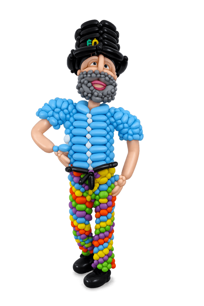 Een ballonfiguur van een persoon met een zwarte hoed, blauwe blouse en kleurrijke broek, gemaakt van verschillende ballonnen.