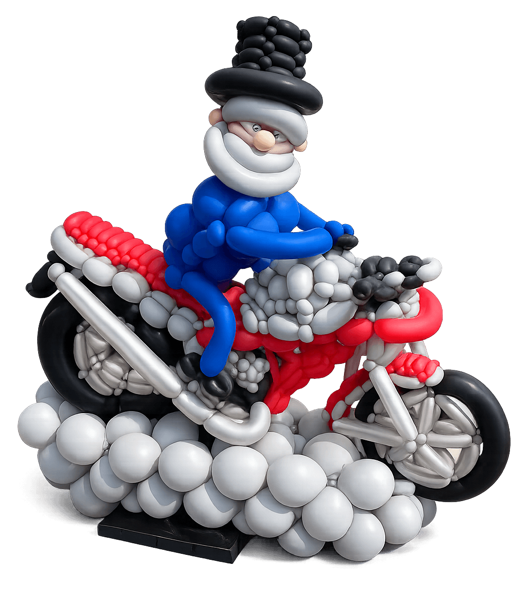 Een figuur van ballonnen in de vorm van een motorrijder op een motor, gekleed in blauw met een zwarte hoed, omgeven door witte ballonnen.