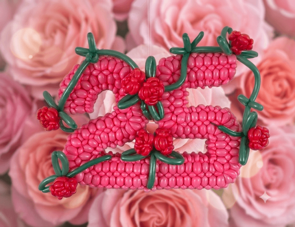 Roze en rode ballonvormen met bloemen in de vorm van het getal "25", omslingerd door groene ballonnen, tegen een achtergrond van roze rozen.